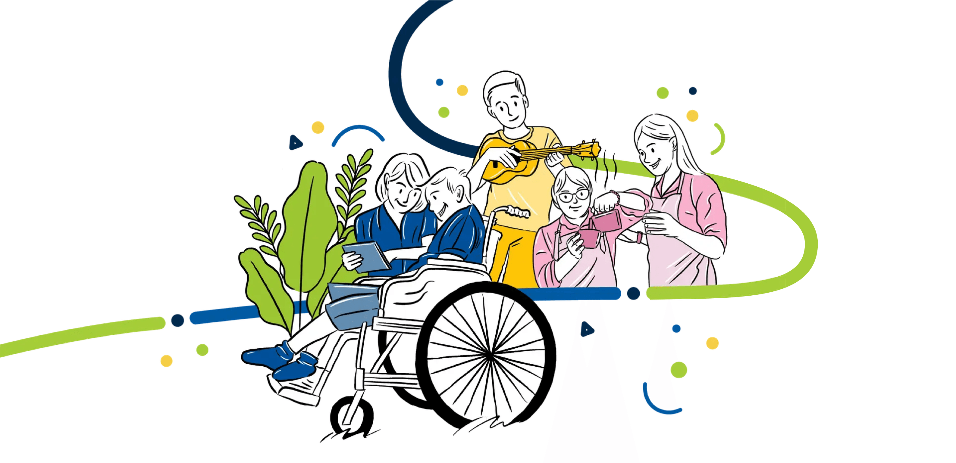 Illustration of a diverse group of people engaging in activities together, including an elderly person in a wheelchair looking at a tablet with a companion, a young man playing guitar, and a caregiver sharing a warm drink with an older woman, surrounded by decorative plants and colourful geometric shapes.