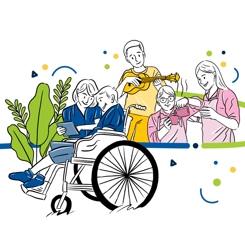 Illustration of a diverse group of people engaging in activities together, including an elderly person in a wheelchair looking at a tablet with a companion, a young man playing guitar, and a caregiver sharing a warm drink with an older woman, surrounded by decorative plants and colourful geometric shapes.